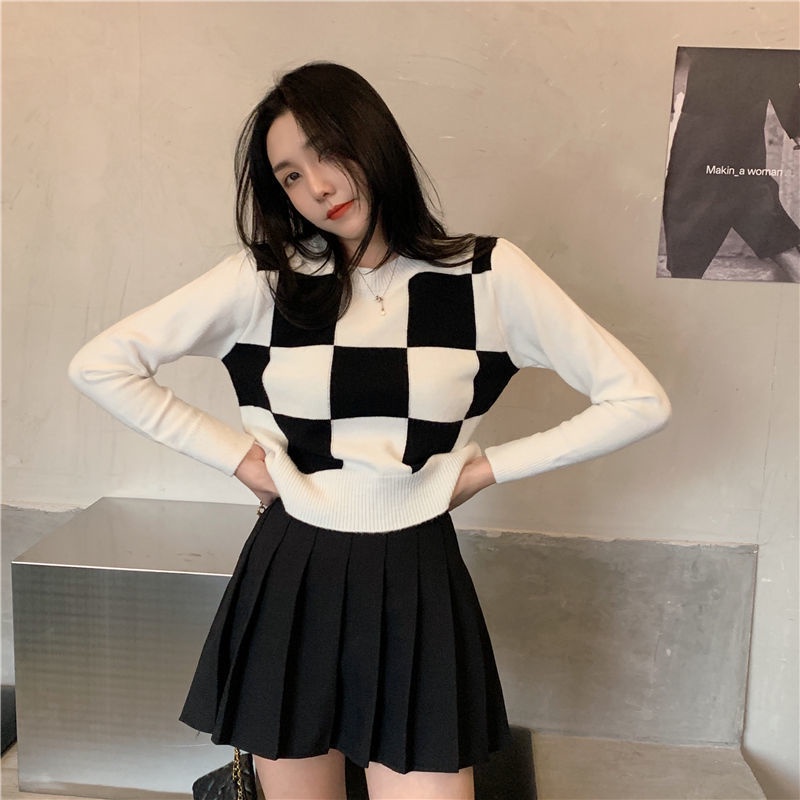 rajut crop top kotak kotak lengan panjang atasan import sweater korea