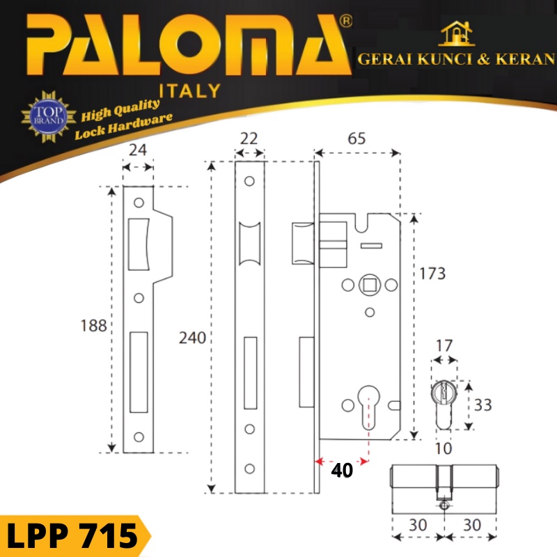 Kunci Set PALOMA LPP 715 Handle Mortise Cylinder Lock Gagang Pintu