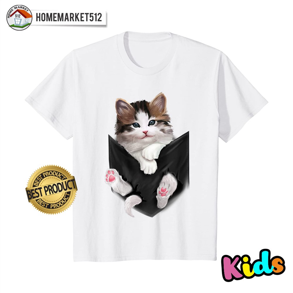 Kaos Anak Cute White Kitty in Pocket T-Shirt Cats Tee Shirt Gifts Kaos Anak Laki-laki Dan Perempuan Premium SABLON ANTI RONTOK!!!!! | HOMEMARKET512