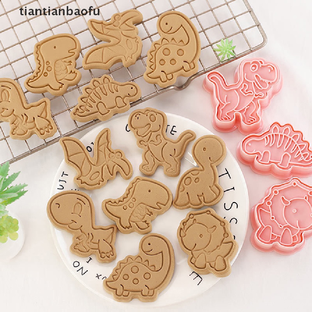 8pcs / Set Cetakan Kue / Biskuit Bentuk Kartun Dinosaurus 3D Bahan Plastik Untuk Alat Dapur Cetakan Kue DIY