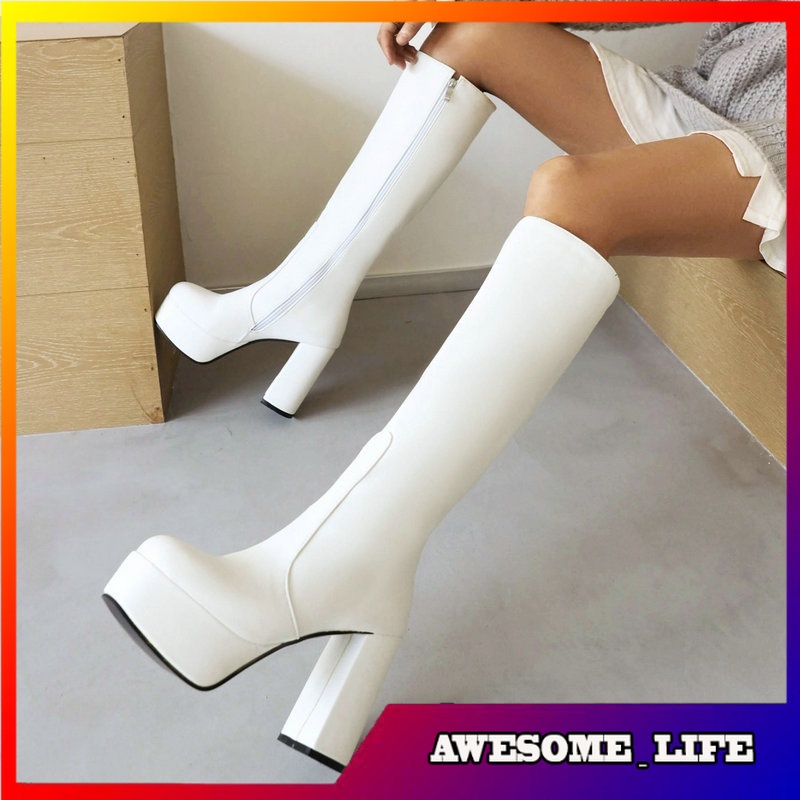 Sepatu Boots Panjang Wanita Autumn Winter Women Knee High  Zipper Platform Shoes Woman Square High H