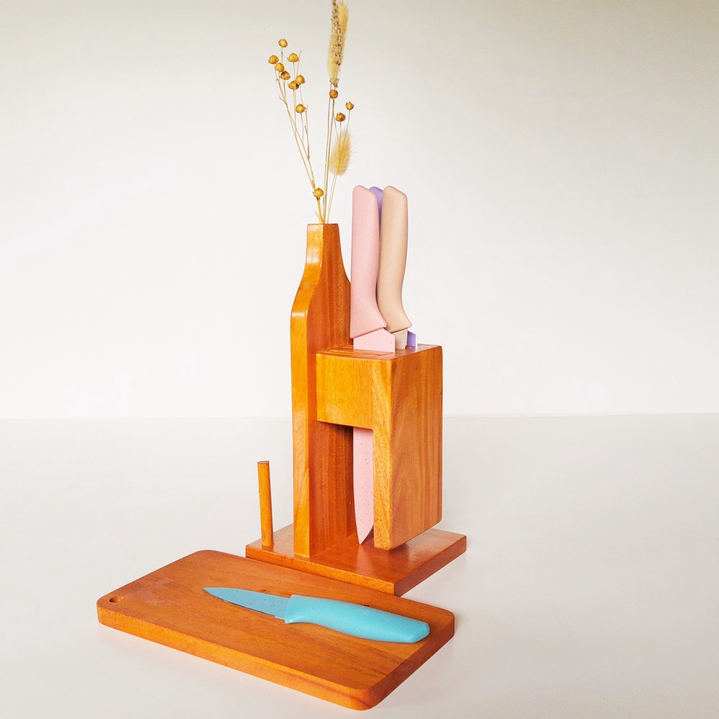 Tempat Pisau Rak Pisau Estetik kombinasi Vas Bunga Kayu Mahoni Kualitas Ekspor