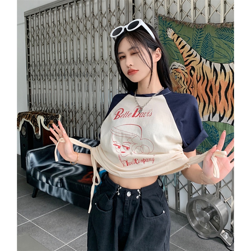 Amerika retro serut lengan pendek T-shirt wanita musim panas in hot girl jahitan longgar warna hit p