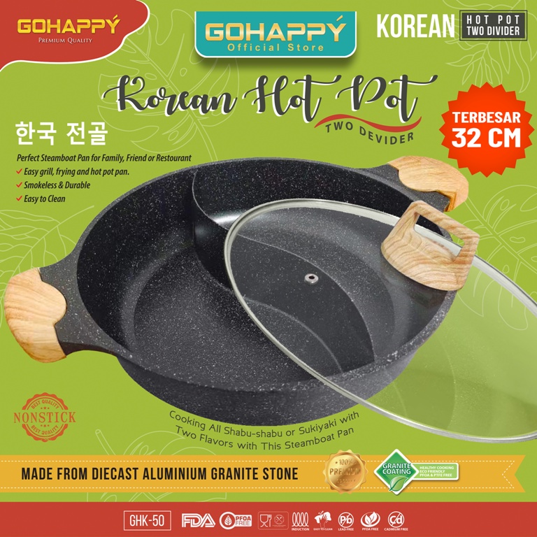 PANCI KUAH HOTPOT / Shabu shabu pan 2 sekat / Steamboat alat pemanggang grill pan dengan kuah GHK50 YIN YANG Free Glass lid