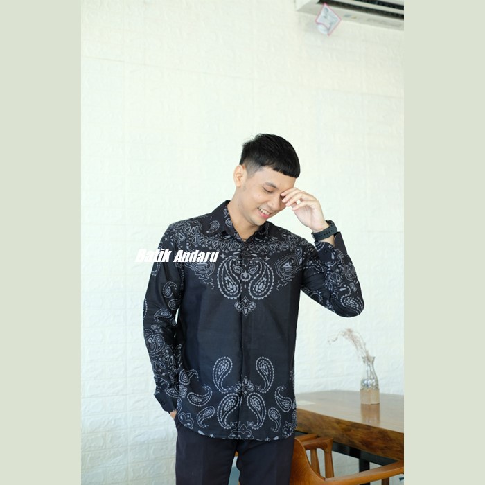 Atasan Hem Kemeja Baju Batik Pria Cowok Laki Laki Lengan Panjang Modern Lapis Furing Erro Kualitas Premium Warna Hitam Bahan Katun Primisima Terbaru