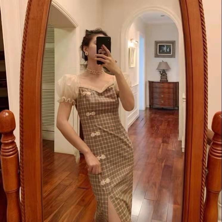 Dress Korea Midi Vintage || Dress Korea Motif Kotak-Kotak #B108