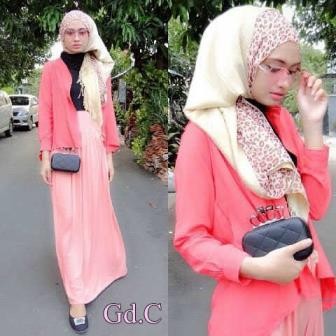 Hijab Leo peach/stelan Baju gamis wanita+cardigan+pashmina/maxi dress hijab/longdress wanita muslim