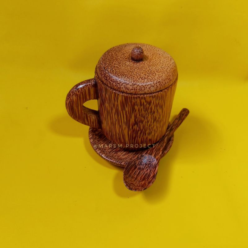 Cangkir kopi kayu kelapa atau glugu unik-Cangkir+tutup+sendok