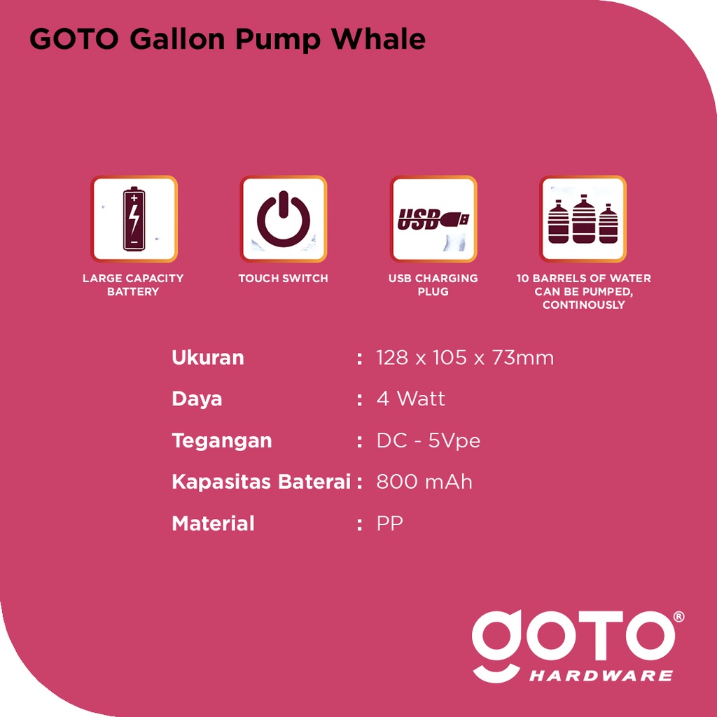 [ORIGINAL] GOTO Whale Pompa Galon Elektrik Pencetan Air Minum Otomatis Murah Dispenser Alat Pemompa Kompa Kran Pancuran Galon Bawah Kecil Baterai Cas Automatic Water Pump Electric USB Charger Portable Recharge Mini Warna Biru Hijau Ungu Pink Putih