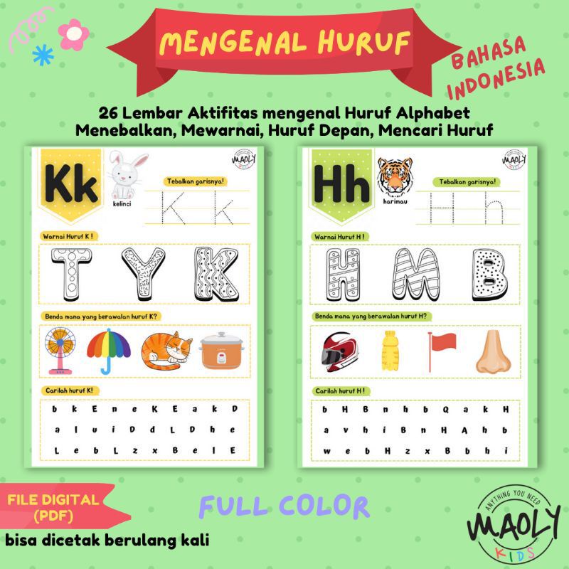 Worksheets Anak Mengenal Huruf Alphabet Printable /Buku Lembar Kerja Anak Ebook /Materi Belajar Anak