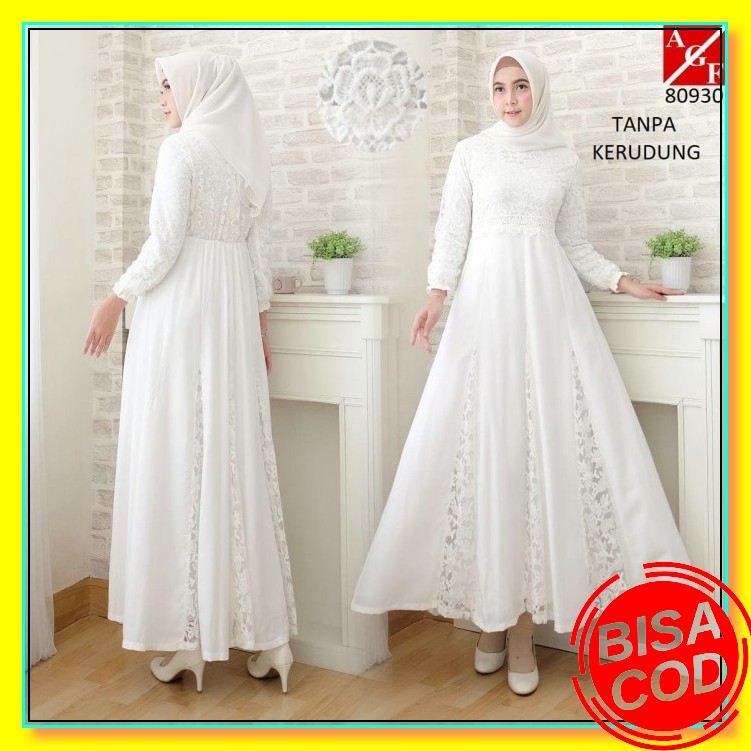 Ukhti Munira Model Gamis Terbaru 2021 Bahan Katun Marvell Ukhti U LK673  Putih Brukat Syari Putih Le