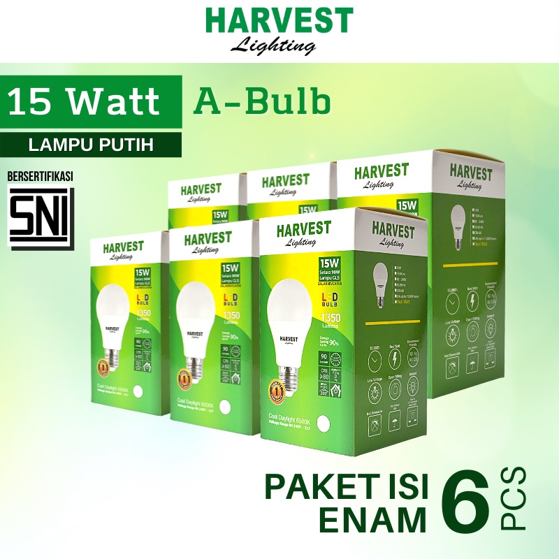 15W - Paket Isi 6 - HARVEST LIGHTING Lampu Bohlam LED A Bulb  15 Watt Lampu Hemat Energi Original Bersertifikasi SNI dan Bergaransi