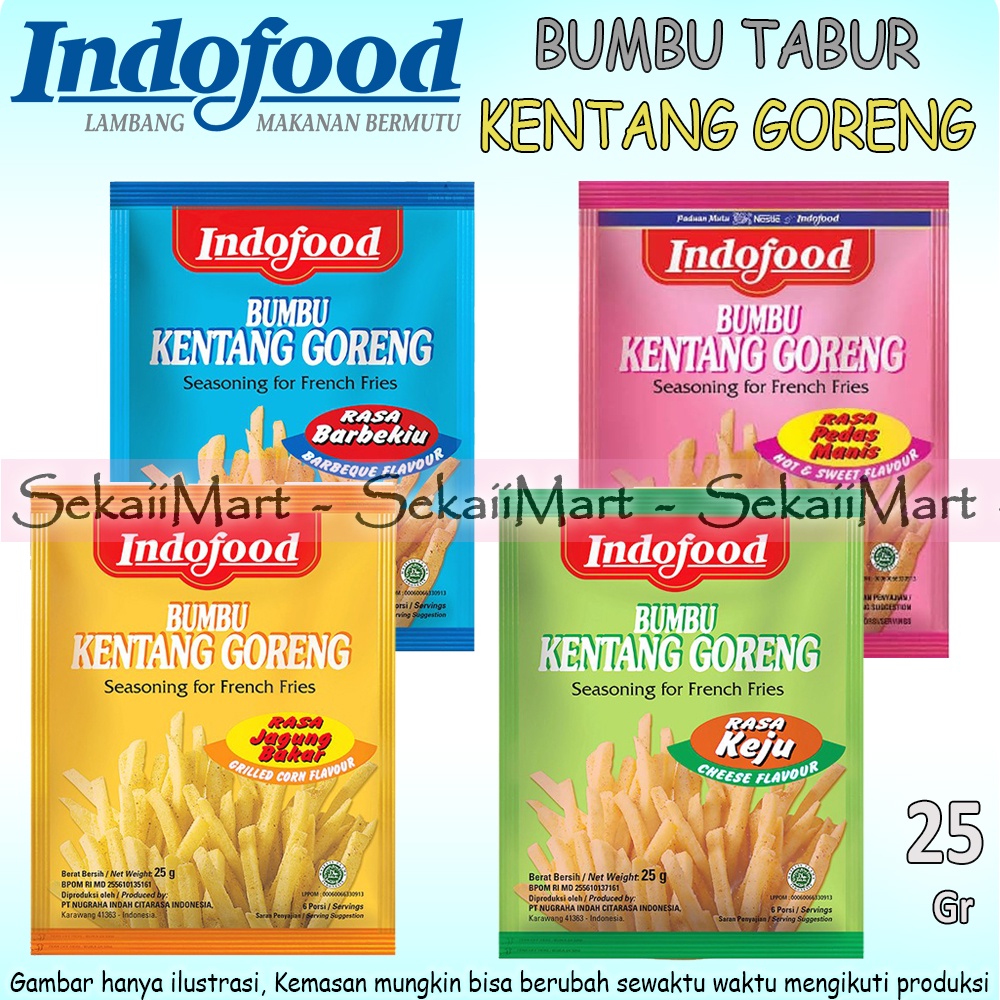 

INDOFOOD Bumbu Kentang Goreng Rasa Barbeque / Jagung Bakar / Keju / Pedas Manis 25g Bubuk Tabur