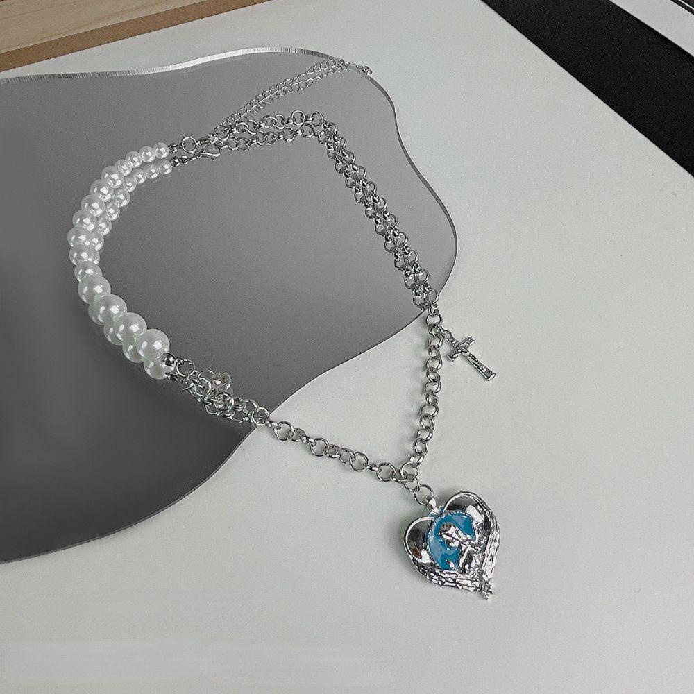Mxbeauty Cinta Hati Mutiara Choker Hip Pop Goth Klavikula Rantai Splicing Fashion Perhiasan Gaya Korea Kalung