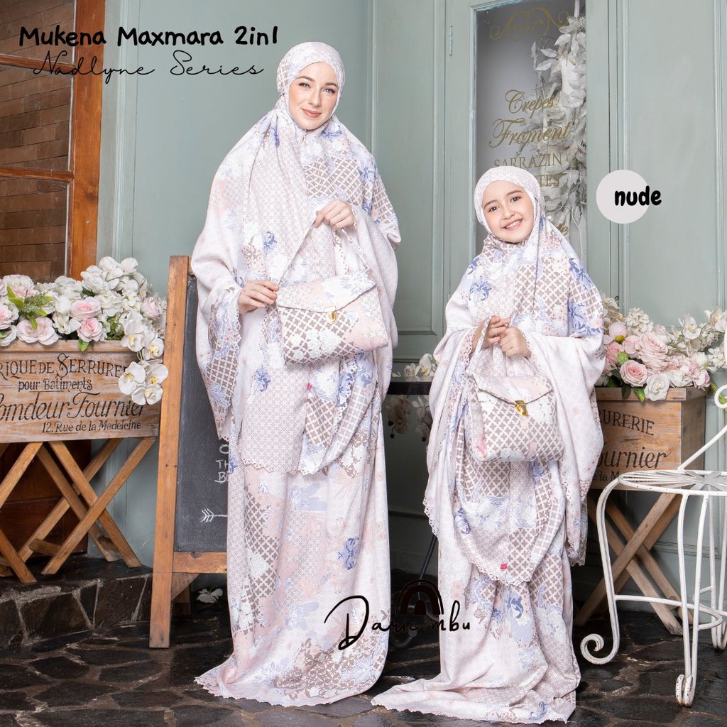 Mukena Couple Ibu dan Anak Maxmara Luxury 2in1 Printing Premiun Laser Cut Mewah Tas Sajadah