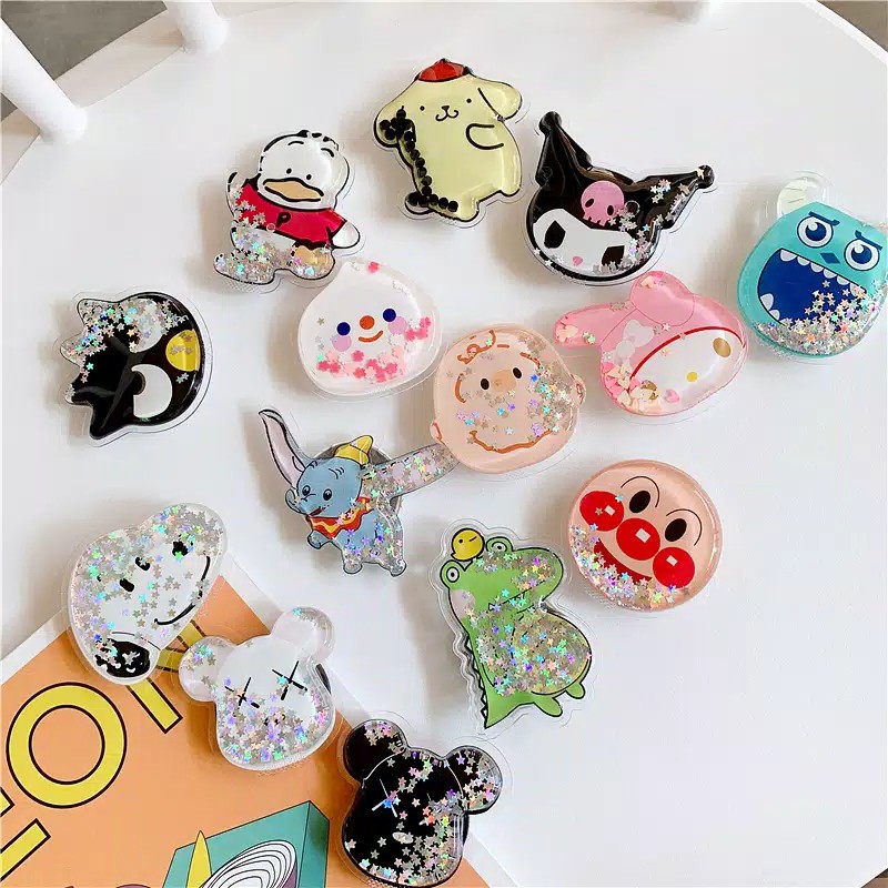 [IMPOR] DOMMO - D6016 POP SOCKET QUICKSAND GLITER DESAIN KARTUN CUTE PHONE HOLDER EXPANDING STAND