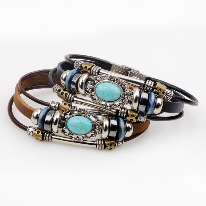 Gelang Manik-Manik Turquoise Bahan Stainless Steel Gaya Retro Untuk Pria Dan Wanita