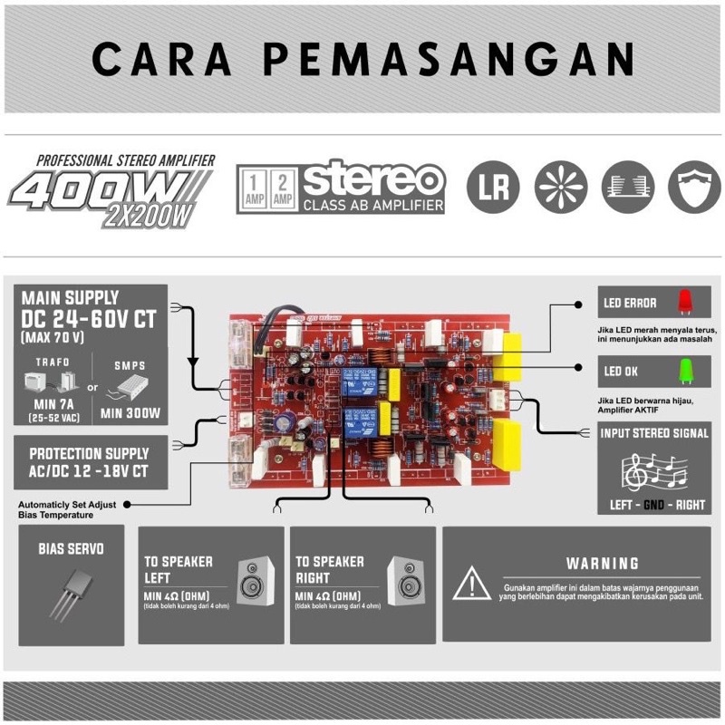 KIT POWER AMPLIFIER STEREO AKTIF AMPSTER SC2 SC-2 SC 2 2X200W 400WATT 400W HERK POWER AKTIF KIT AMPLI STEREO