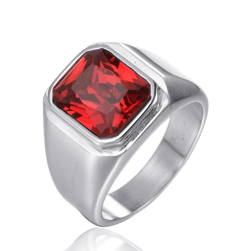 Cincin Pria Titanium 316L Stainless Steel Original Premium Quality Batu Rubi Merah Minimalis