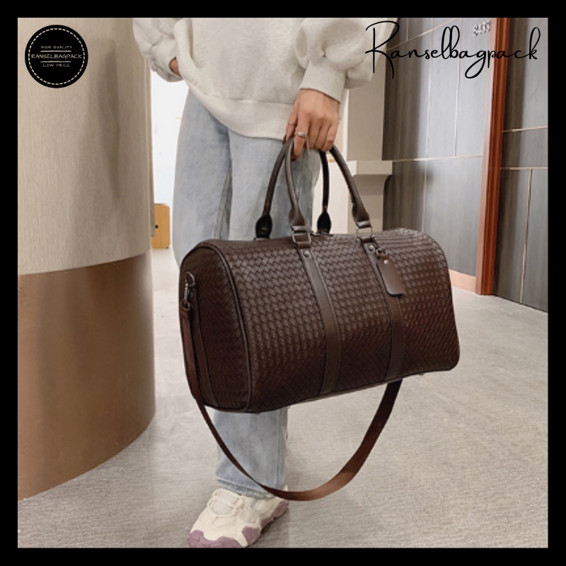 Fashion PU Kulit Pola Anyaman Tas Travel Kapasitas Besar Pria dan Wanita Bahu Tas Bisnis Tas Travel