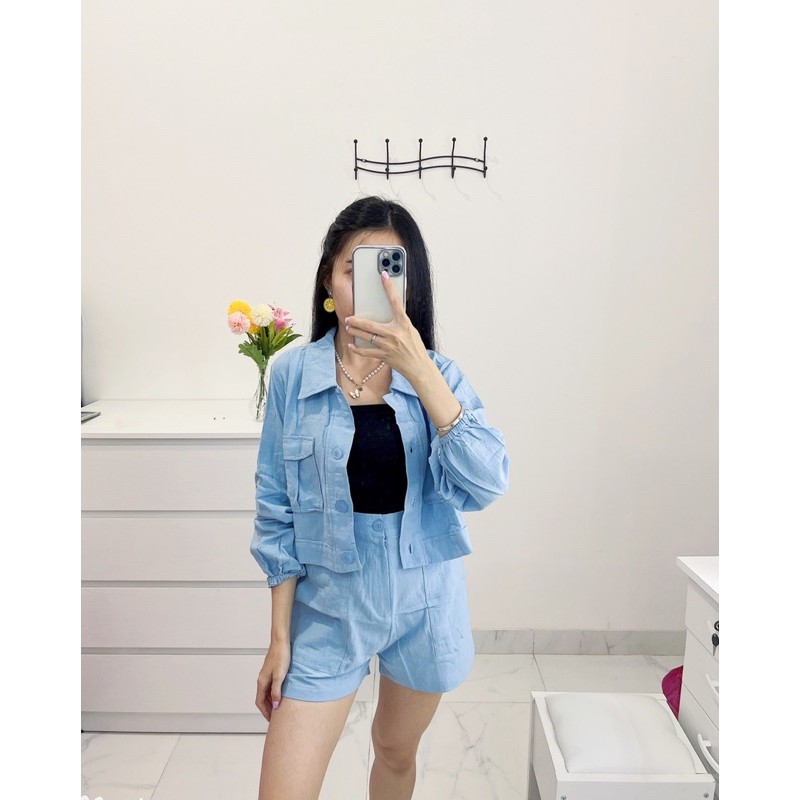 setelan wanita linen ,stelan crop lengan panjang celana pendek linen import.oneset top+hotpants