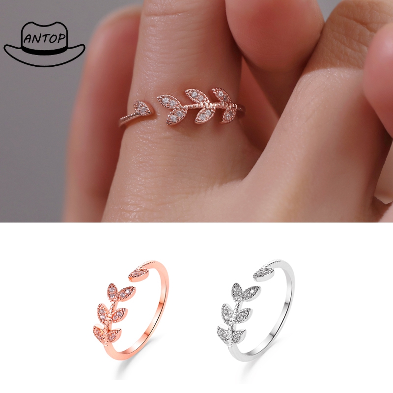 Antop！ Cincin Perak Crystal Daun Imitasi Wanita Zirkon Daun Pohon Sederhana Rings