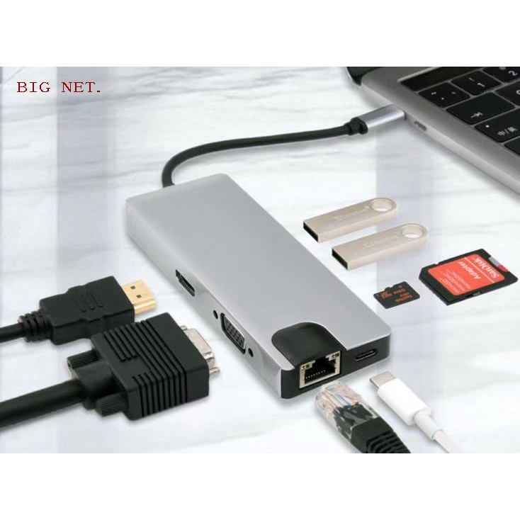 TYPE-C (USB C) TO HDTV(hdmi)+USB 3.0+VGA+LAN+PD+CARD READER Converter Adapter 8in1