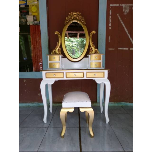Meja Rias Kartini Cantik Putih Duco Combinas Emas Kursi Busa Furniture Mebel Jepara GRATIS ONGKIR