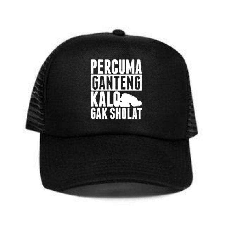 Topi Jaring Trucker Cowo Sablon Kata Kata, Topi Cowok Keren, Topi Hitam Sablon