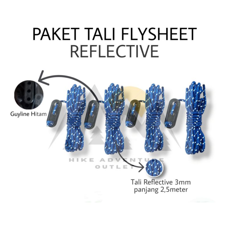 Tali flysheet tenda reflective dengan guyline Hitam