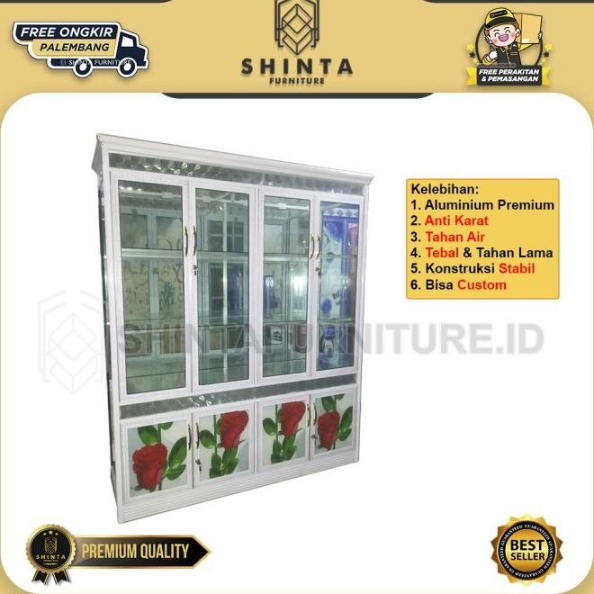 Lemari Hias 4 Pintu Kaca Motif Bunga Lemari Pajangan 4P Aluminium
