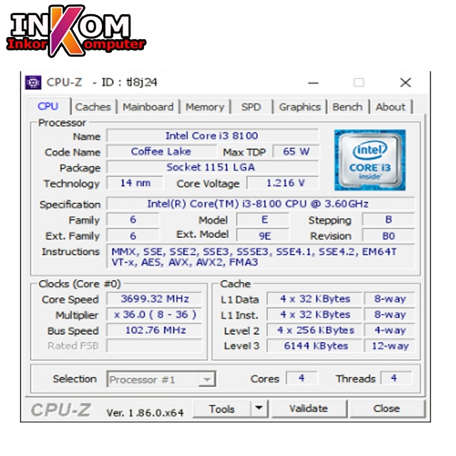 Intel Core Processor i3 8100 LGA1151 3.60Ghz Plus Fan