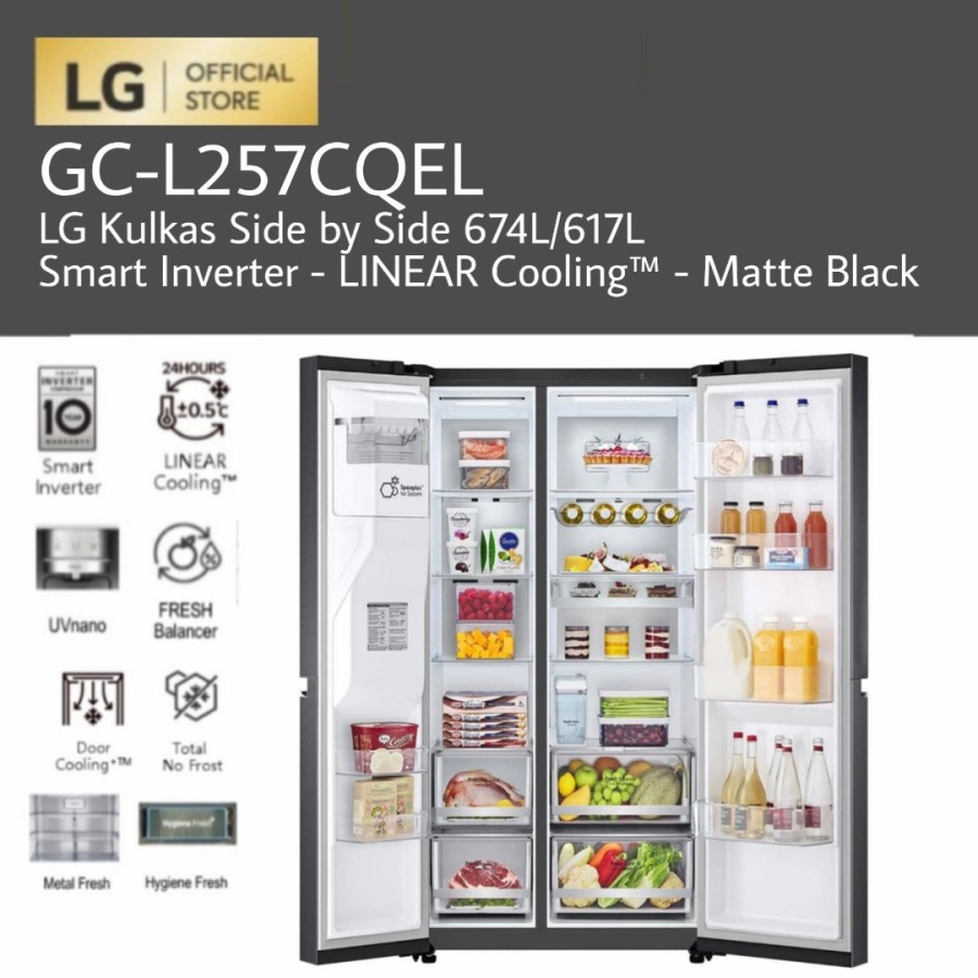 LG GC-L257CQEL / GCL257CQEL Kulkas Side by Side 674L UVnano Matte Black