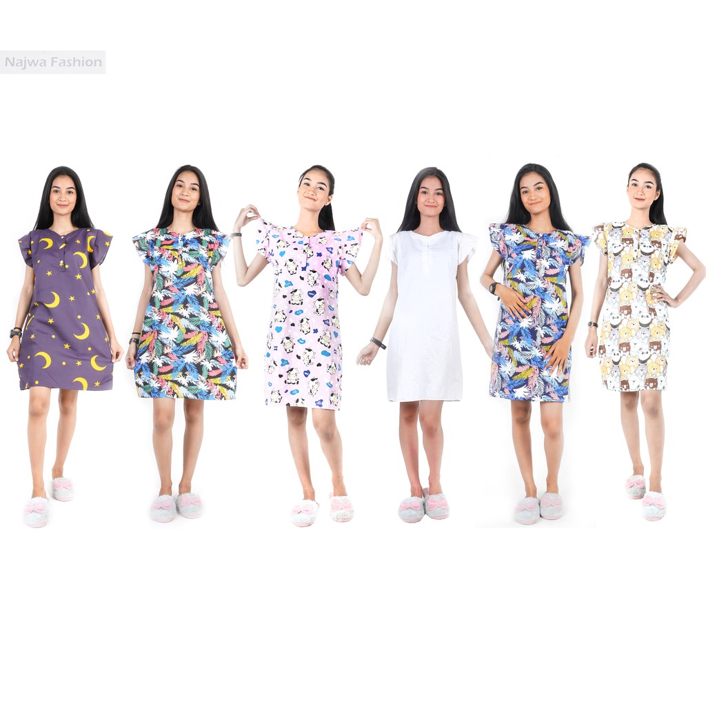Baju Murah Dress V-Neck Midi Korea Model Sabrina | Dress A Line Print Daisy Lengan Puff