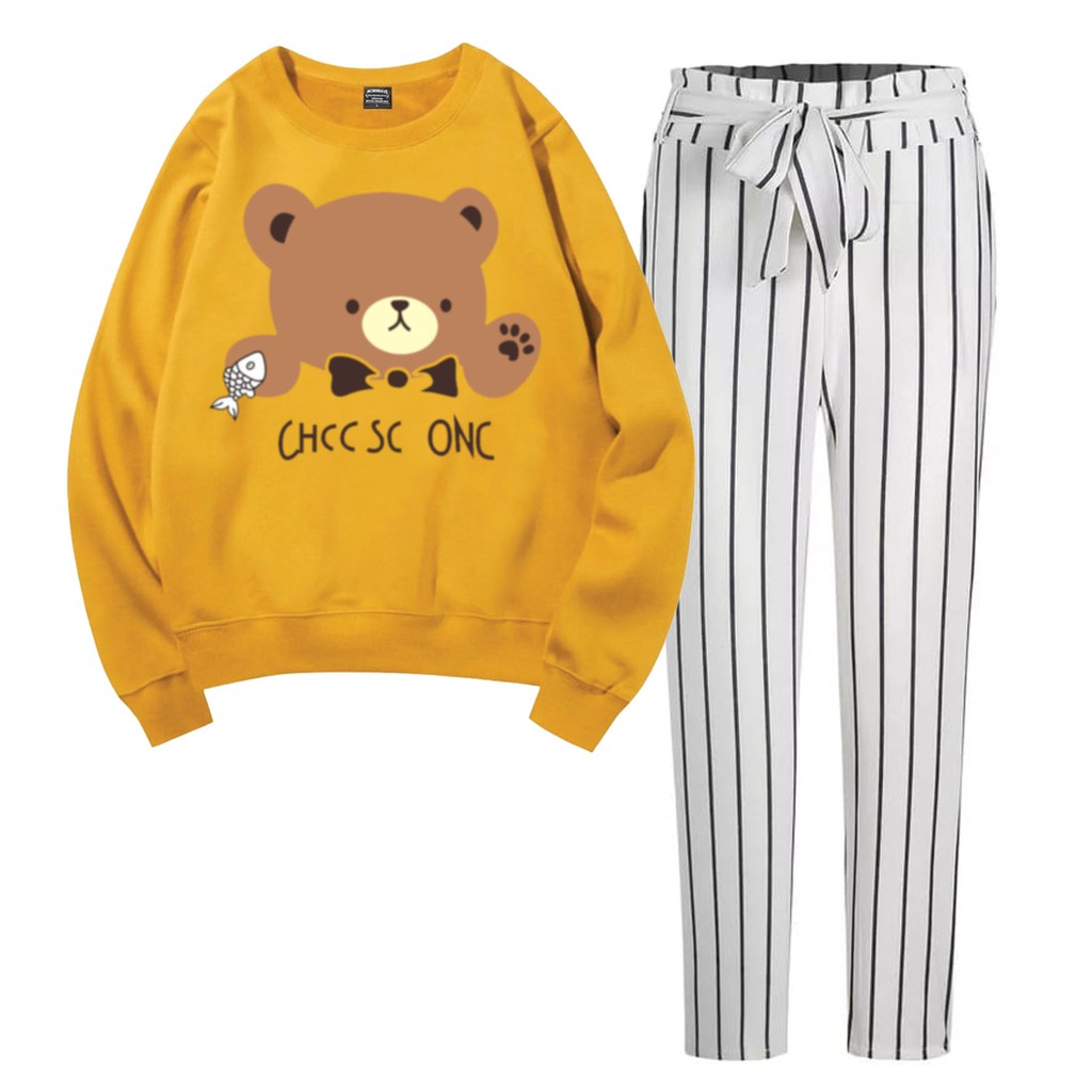 BESS - Baju Setelan Wanita Murah / Setelan Sweater + Celana Salur Putih - BEAR ONE