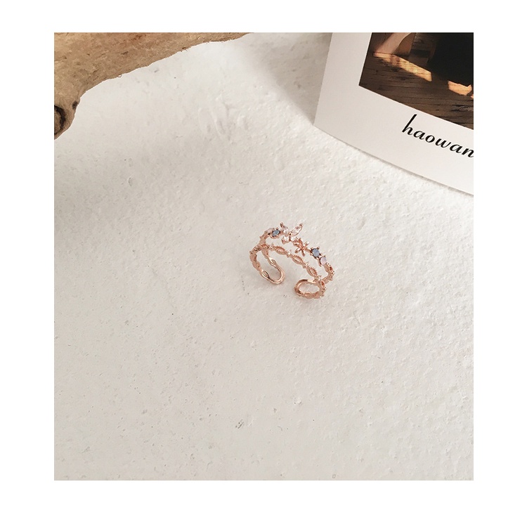 Cincin Model Terbuka Bahan Titanium Steel 18K Warna Rose Gold Desain Bunga Aksen Zircon Untuk Pasangan