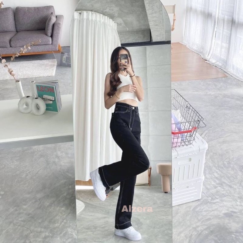 ALZERA•HITAM LIST PUTIH LOOSE KULOT JEANS / BLACK LIST WHITE HW LOOSE KULOT JEANS / CELANA HIGHWAIST LOOSE JEANS WANITA CEWEK