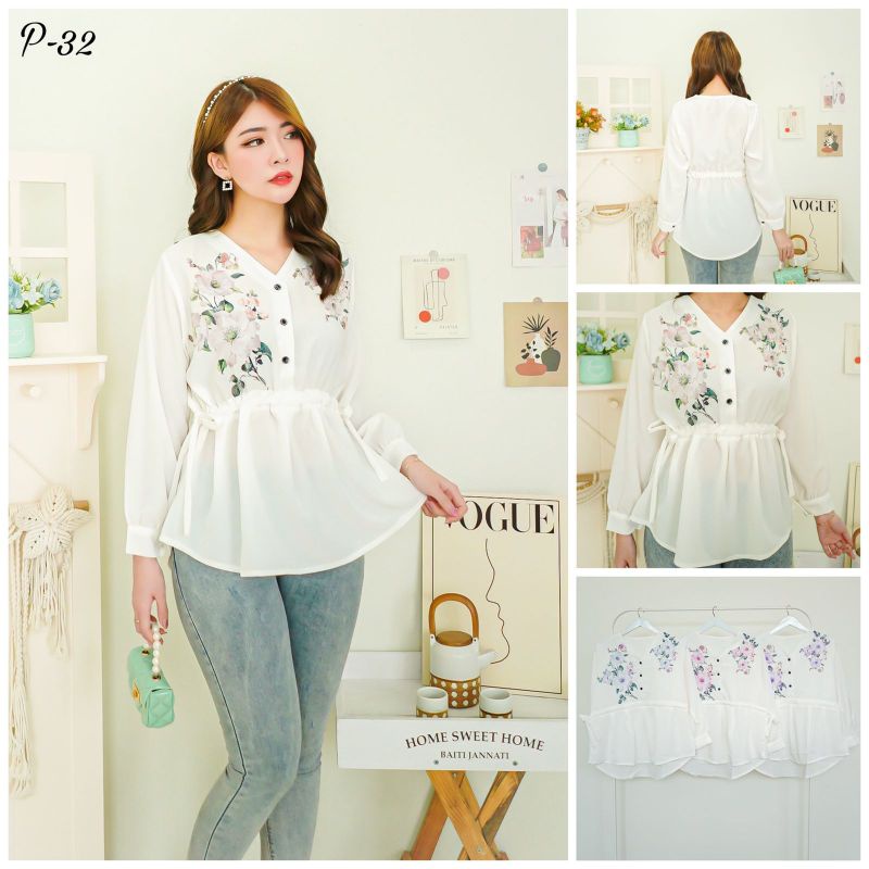 Baju Atasan Putih Wanita / Atasan Wanita Kekinian / Atasan Wanita Motif Bunga Pinggang Karet