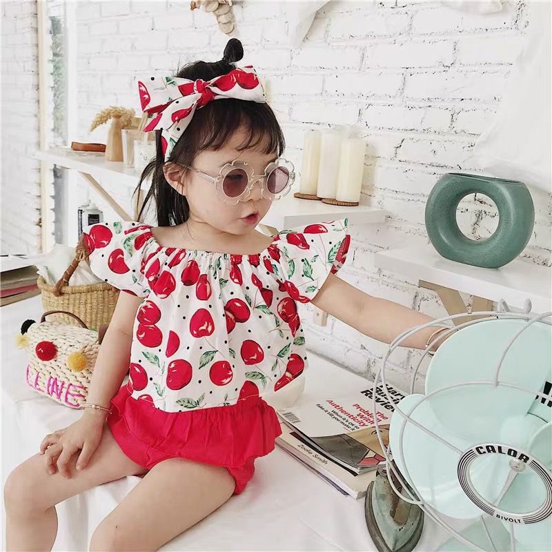 Setelan Sabrina Motif Cherry Dan Bando