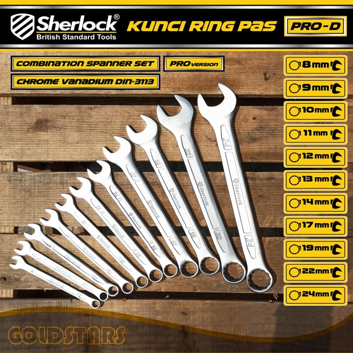 Kunci Ring Pas Set (11 pcs) Sherlock PRO-D 8mm -24 mm Chrume Vanadium DIN-3113