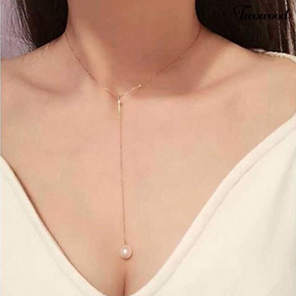 Kalung Rantai Dengan Liontin Mutiara Imitasi Adjustable Untuk Wanita