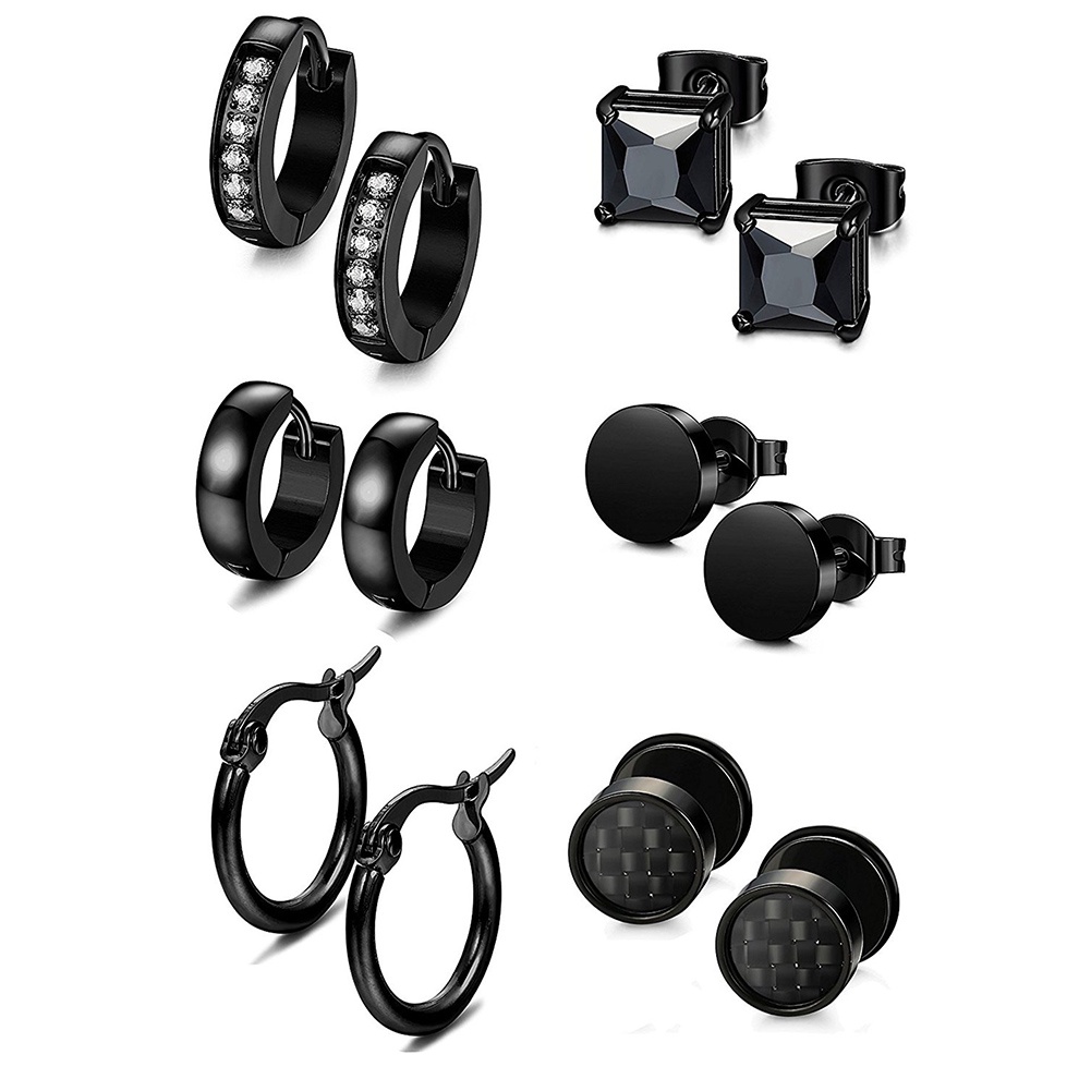 Hu Hu Hu Hu Hu Alat Bantu Pasang Kacamata♡ 6 Pasang Anting Stud Bahan Stainless Steel Aksen Berlian Imitasi Untuk Unisex