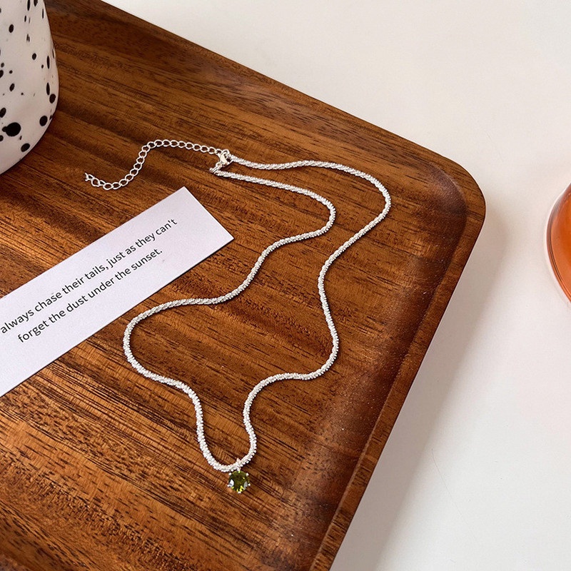 Roselife Kalung Rantai Sterling Silver 925 Dengan Liontin Batu Emerald Vintage Klasik Untuk Wanita