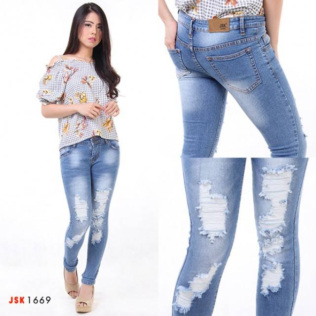 Ripped Skinny Jeans Wanita JSK jeans Celana Panjang Denim Jeans