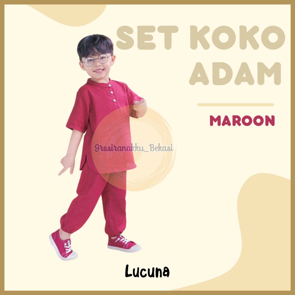 Setelan Anak Koko Adam Lucuna Linen Warna Maroon 1-5tahun