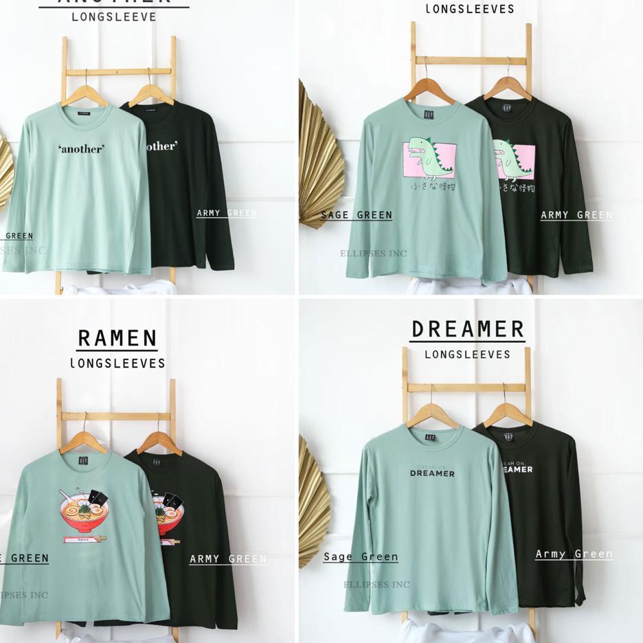 ❈ ELLIPSESINC Kaos Oversize Wanita Lengan Panjang Sage Green X Army Green ➺