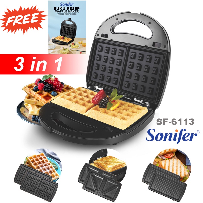 Sonifer 3 in 1 Waffle Maker &amp; Sandwich Maker Electric FREE BUKU RESEP