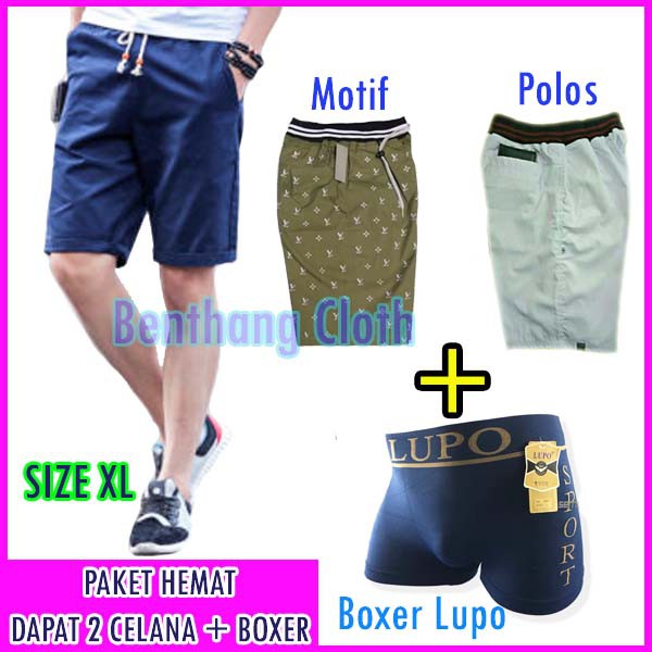 PROMO [Dapat 3pcs] Celana Pendek BOXER+MOTIF+POLOS American Drill Lupo Adem Nyaman Gaul