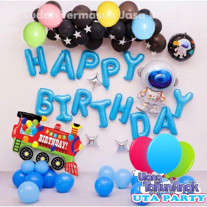 Dekorasi + Jasa Pasang SET Balon Foil Happy Birthday Blue Astronot / Dekorasi Ulang Tahun