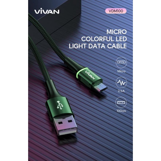 Kabel Vivan Micro USB Android 2.4A LEDLight Quick Charge 100cm VDM-100 Green